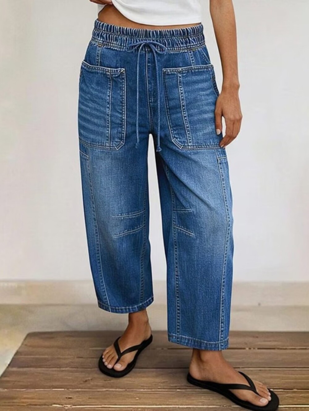 Flamingals Barrel Leg High Waist Drawstring Patch Pocket Jeans NWT Medium